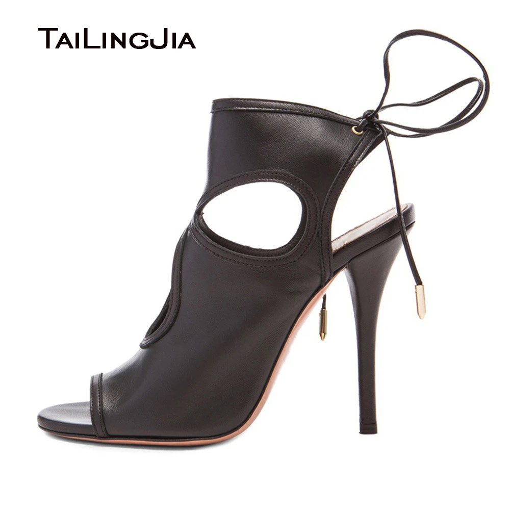 

Retro High Heel Peep Toe High Heel Ankle Lace UP Woman Summer Boots Slingback Ladies Black Sexy Sandals Plus Size Free Shipping
