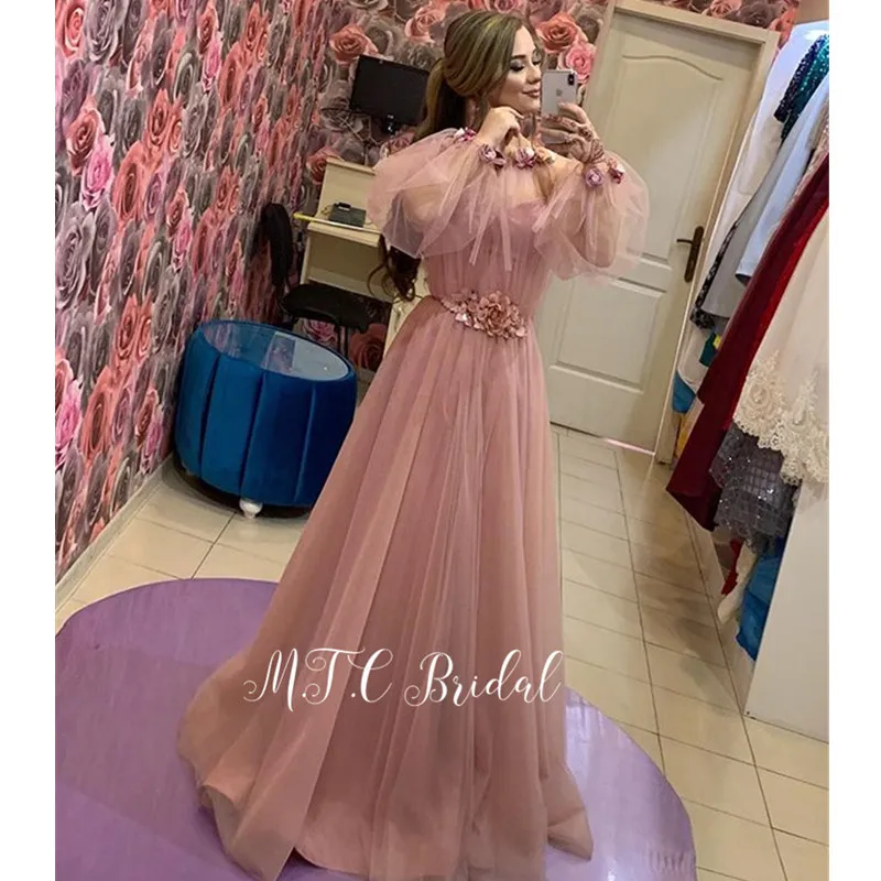 

Dusty Pink Long Sleeve Arabic Evening Dress 2019 Graceful Flowers Tulle A Line Long Formal Prom Gowns Vestido De Festa Cheap