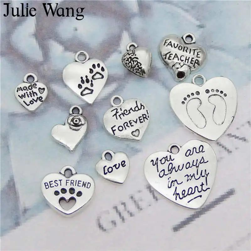 Julie Wang, 10 шт., античное серебро, смешанные, сердце, любовь, амулеты, сплав, подвеска на ожерелье, подвески, фурнитура, сделай сам, ювелирное изделие, аксессуары