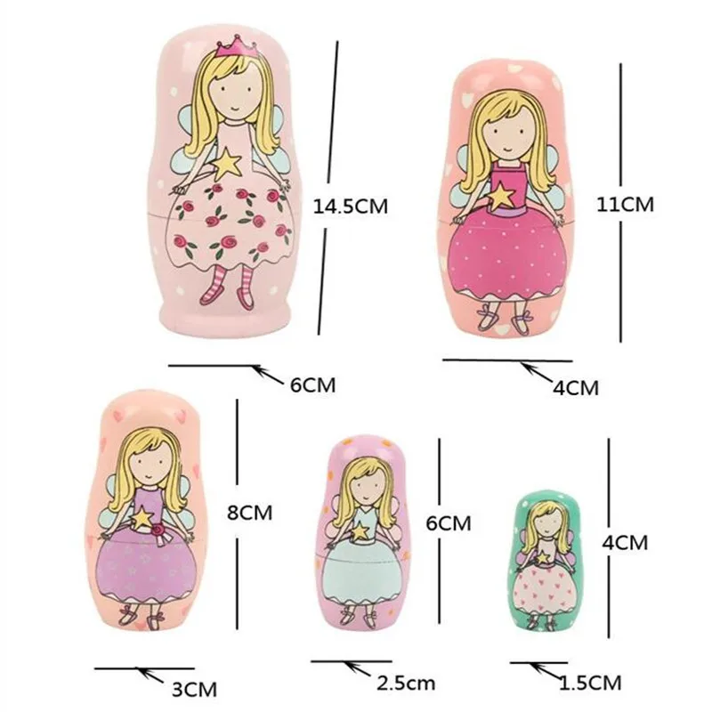 Wood Handmade Artwork Cute Angel Princess Nesting Matryoshka Russian Dolls Set 5 Pieces For Kids Girls Gifts Toy   (3)