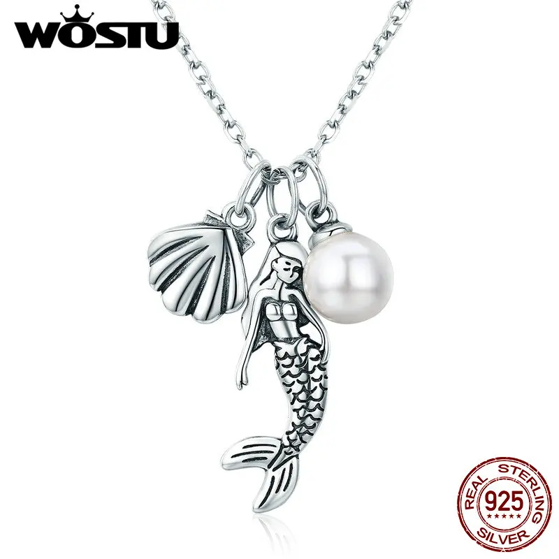 WOSTU Authentic 100% 925 Sterling Silver Legend of mermaid Shell&Pearl Pendant Necklace For Women Jewelry Fashion Gift CQN237  