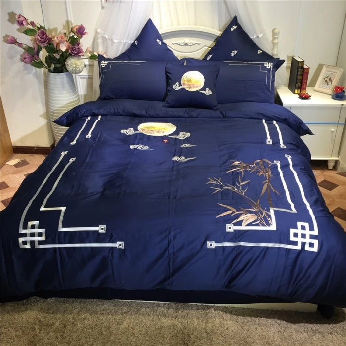 400TC 100% Egyptian cotton blue white satin Wedding bedding set luxury duvet cover flat sheet bed linen/quilt cover set embroide