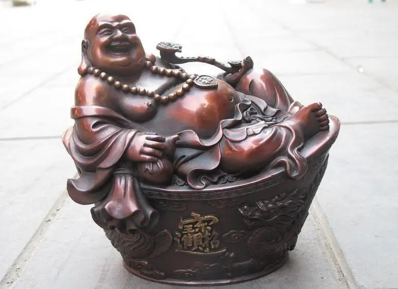 

China Red Bronze Dragon Phoenix Yuan bao Auspicious Happy Maitreya Buddha Statue