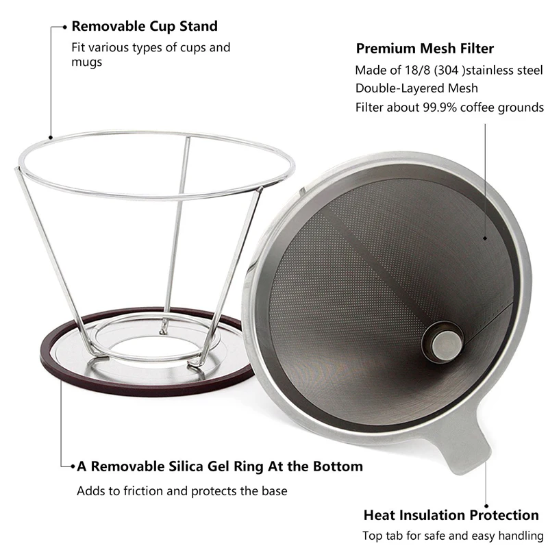 Stainless Steel Coffee Filter Dripper Pour Over Coffee Maker Drip Reusable Paperless Coffee Filter Basket Holder Coffee Tools (4)