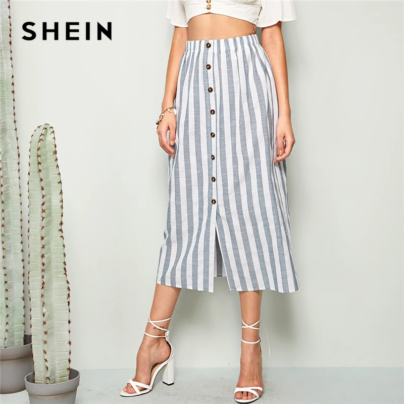 

SHEIN Striped Button Front Skirts 2019 Spring Summer Straight Shift Mid-Calf Skirts Casual Mid Waist Women Skirt