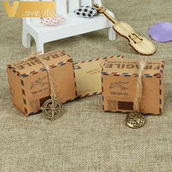 

50 pcs Vintage Favors Kraft Paper Candy Box Travel Theme Airplane Air Mail Gift Packaging Box Wedding Souvenirs scatole regalo