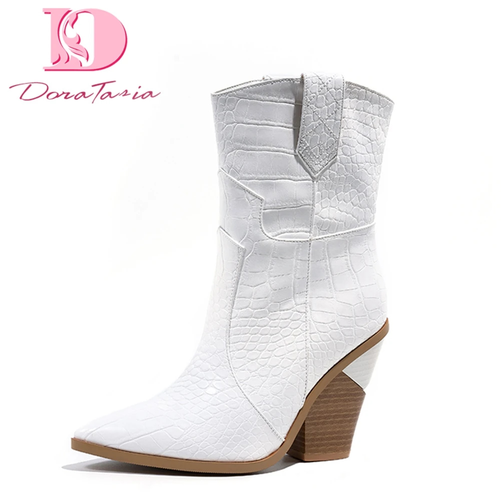 

Fashion Brand New White Large Size 33-46 High Heels Mid Calf Boots Women Shoes Slip On Heeled Short Boots Shoes Woman