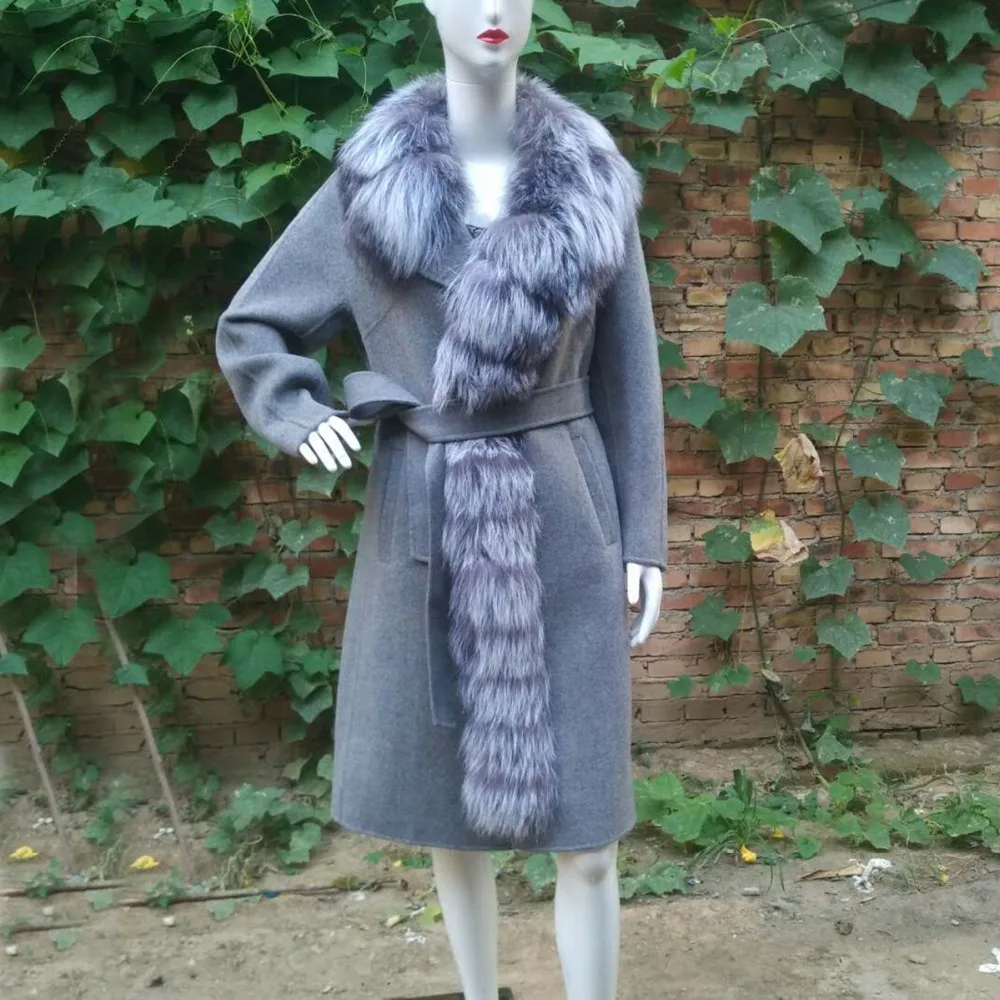 Luxurious Nature Silver Fox Fur Coats Warm Long Real Fur Collar Slim Fashion Woollen Jacket For Female Especially Winter Tops