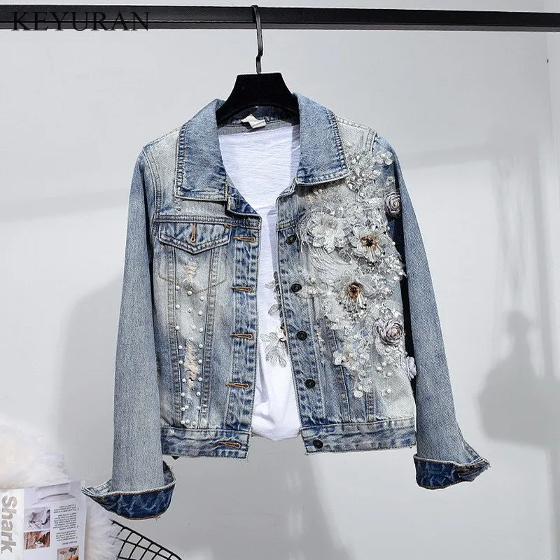 Г. Весна-осень, новая модная джинсовая куртка с длинными рукавами, украшенная бусинами+ джинсы-карандаш с дырками комплекты из двух предметов 2942 - Цвет: Blue Jacket
