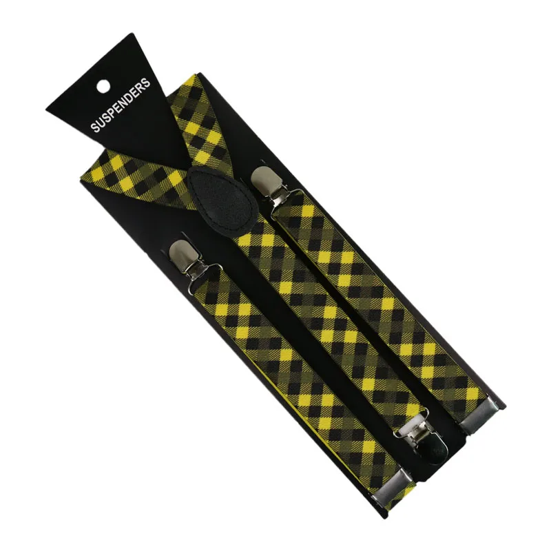 

Winfox Fashion 2.5cm Wide Yellow Plaid Print Elastic Braces Men Women Suspenders Pants