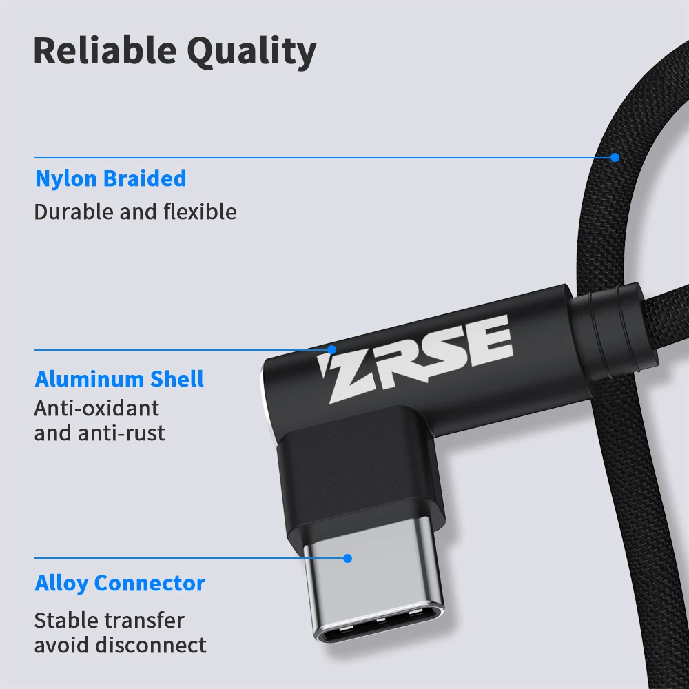 ZRSE 90 градусов usb type C кабель для samsung a50 s10 s9 3 м 2 м 1 м USB C кабель синхронизации данных провод для быстрой зарядки Xiaomi Mi9 Redmi K20