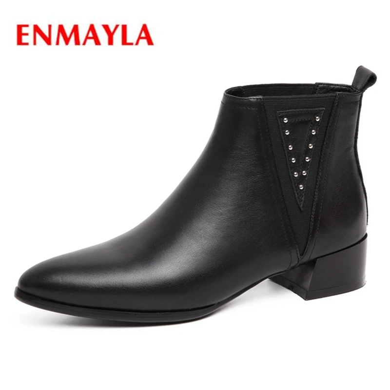 

ENMAYLA Women shoes lady solid pointed toe slip-on ankle boots square heel botas mujer Size 34-39 ZYL1301