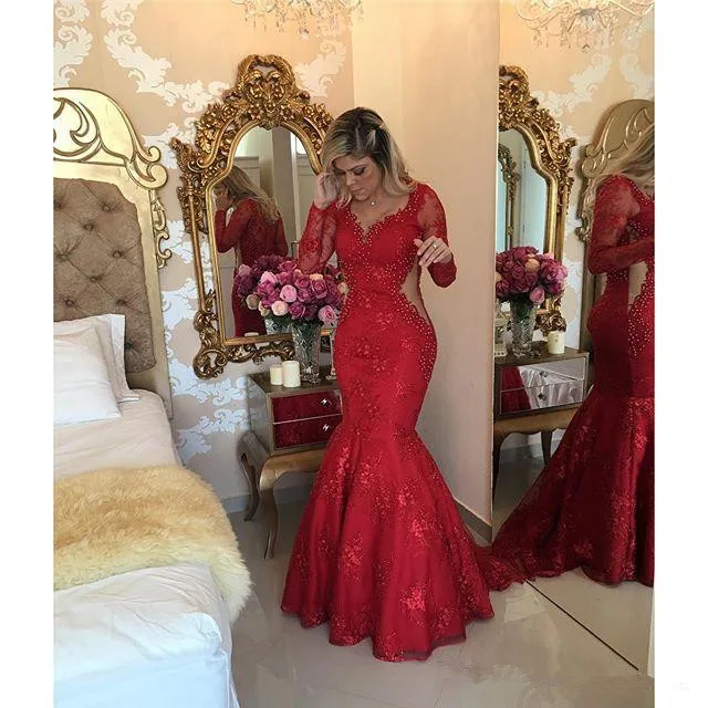 Red-2019-Prom-Dresses-Mermaid-V-neck-Long-Sleeves-Pearls-Lace-Sexy-Party-Maxys-Long-Prom