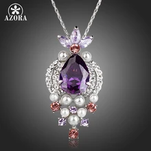 AZORA Lovely Fish With Purple Cubic Zirconia Imitation Pearl Pendant Necklace TN0132