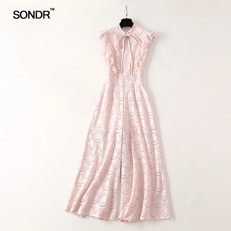 SONDR Vintage Hollow Out Women Jumpsuit V Neck Off Shoulder Ruffles Bandages High Waist Wide Leg Pants Female Spring 2019 SONDR Vintage Hollow Out Women Jumpsuit V Neck Off Shoulder Ruffles Bandages High Waist Wide Leg Pants Female Spring 2019