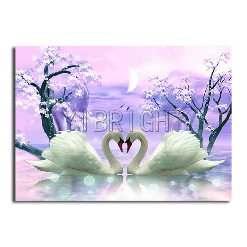 

Full Round Diamond Embroidery Animal "Couples Swan"Full Square Diamond Painting Cross Stitch Kit Mosaic Scenery "Moon Flower" Y0