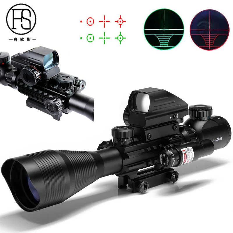

4-12X50EG Tactical Hunting Riflescope Optics Fiber Sight Holographic 4 Reticle Sight & Red Laser Sight 20mm Rail Use