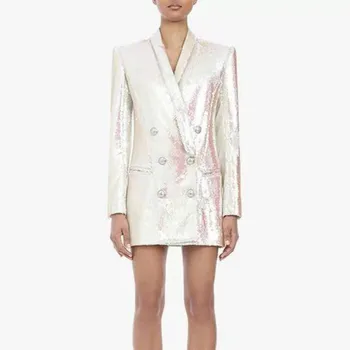 

High Street Women's Blazer British Double Breasted 2019 Designer Lion Buttons Shawl Collar Female Glitter Sequins Jacket Coats