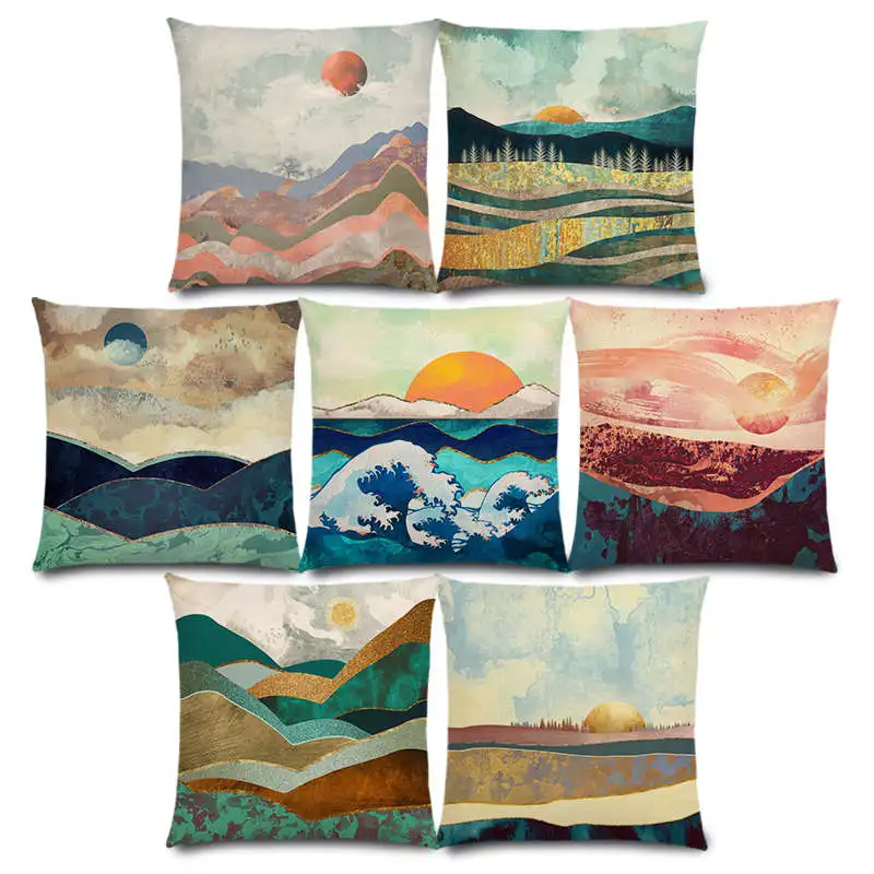 

New Sun Moon Day Night Sky Sea Stormy Waters Mountains Vast Wilderness Metallic Prints Cushion Cover Sofa Throw Pillow Case