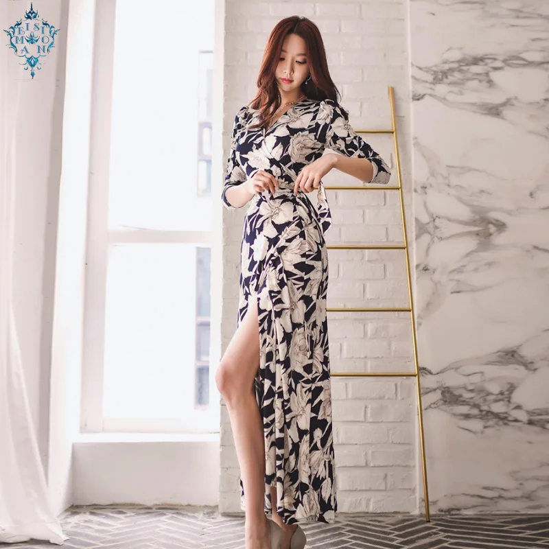 

Ameision Sexy flowers print slim V-neck Evening Dress Party Gown 2019 Women Formal split waisted Floor Length wrap Elegant Gowns