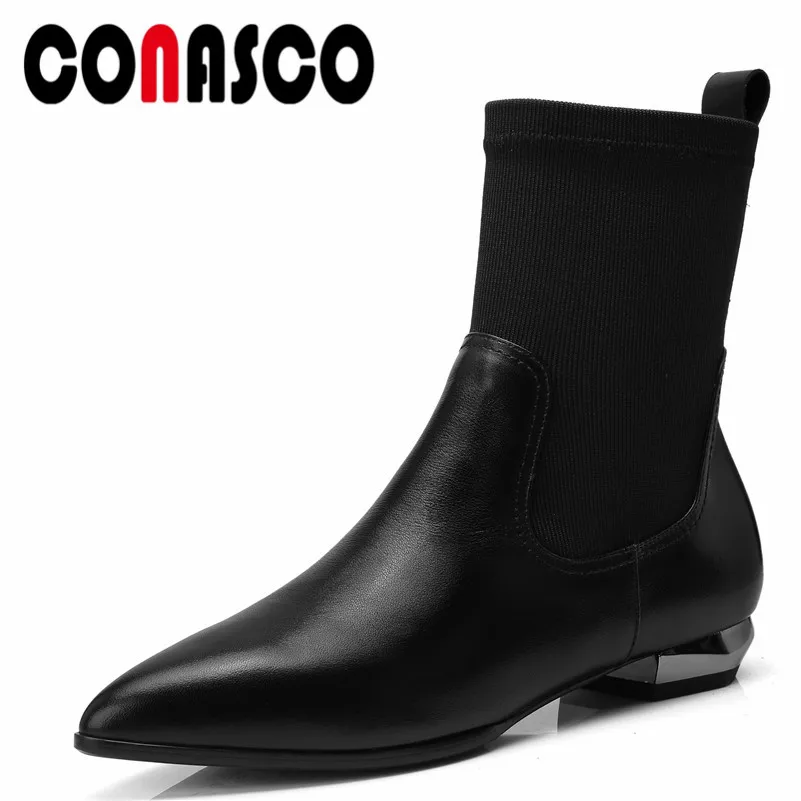 

CONASCO Punk Black Women Socks Boots Genuine Leather Autumn Winter Shoes Woman Thick Heeled Dancing Shoes Female Office Pumps