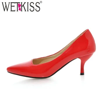 

WETKISS 2018 Autumn Thin High Heels Women Pumps Patent Pu Fashion Office Ladies Shoes Shallow Pointed Toe Footwear Big Size 48