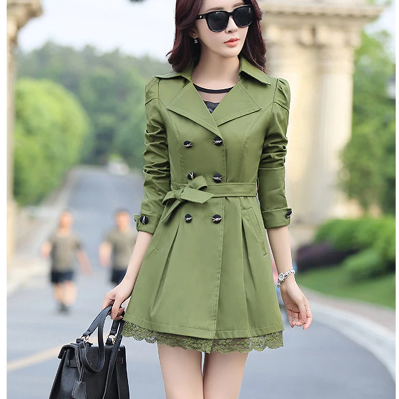 

Women Trench Coats 2019 New Autumn Lace Ruffles Lady Trench Long Double Breasted Belted Coats Casaco Feminino Windbreakers OK166