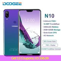 DOOGEE N10 4G Смартфон Android 8,1 5,84 "19:9 Notch Экран Dual Sim 16.0MP мобильного телефона Octa Core 3 GB Оперативная память 32 ГБ Встроенная память Face Unlock