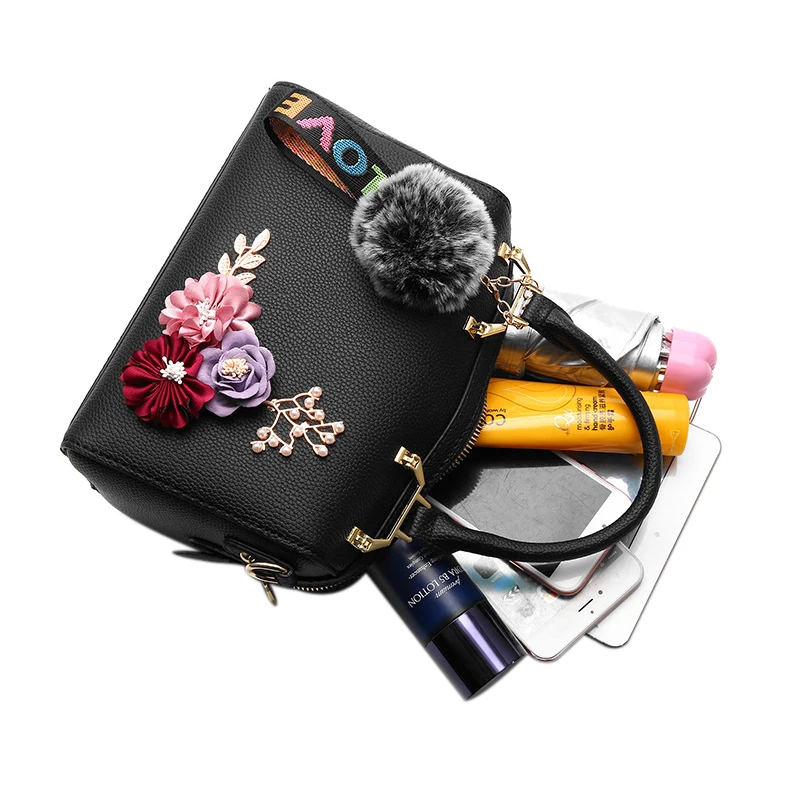 

Summer Women bags Floral women's Leather handbag Fashion Elegant Shoulder bag Barrel-shaped Tote bag black