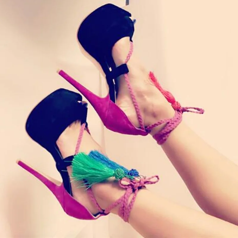 

Free Ship Mixed Color Tassel Ankle Strap Sandals Cut-out Peep Toe Lace-up Summer Sandal For Women Platform Dress Shoes Big Size