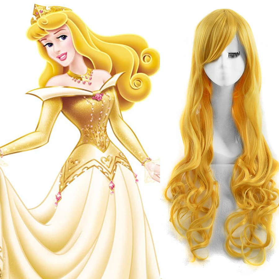 

Women Long Wavy Hairstyle Gold Color Sleeping Beauty Anime Cosplay Synthetic Hair Party Wigs
