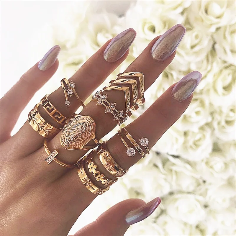 

KISSWIFE 13 Pcs/ Set Boho Virgin Mary Cross Flower Leaves Gem Round Gold Joint Ring Set Women Personality Party Jewelry Gift