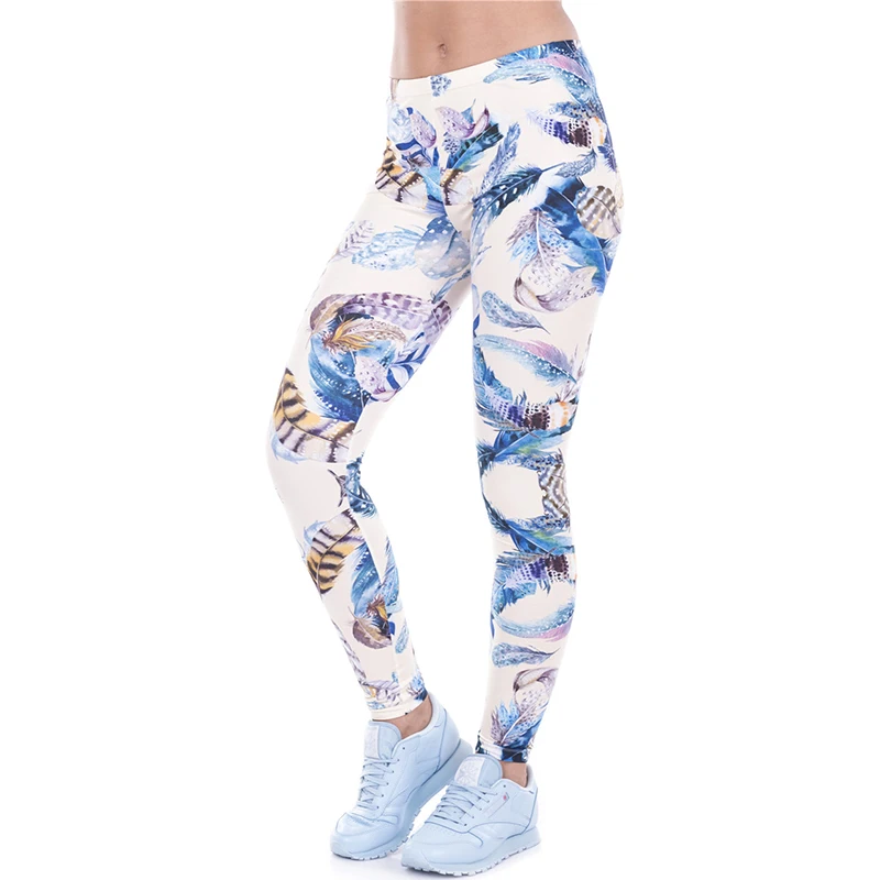 

2017 Women Skinny Pant Leggins Funny Basic Casual Fit Leggings Feathers Colorful Slim Pants Multico ruch obcisLe leg High Waist