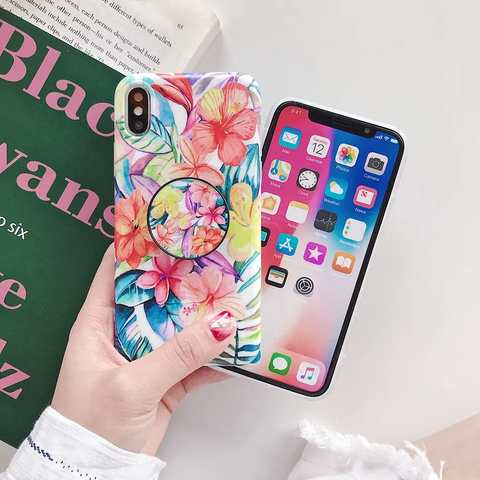 Para iPhone 7 Plus XR X XS X Max caso piña Hojas de arce plegable soporte de la cubierta del soporte para iPhone 6 6 s más suave TPU de Coque