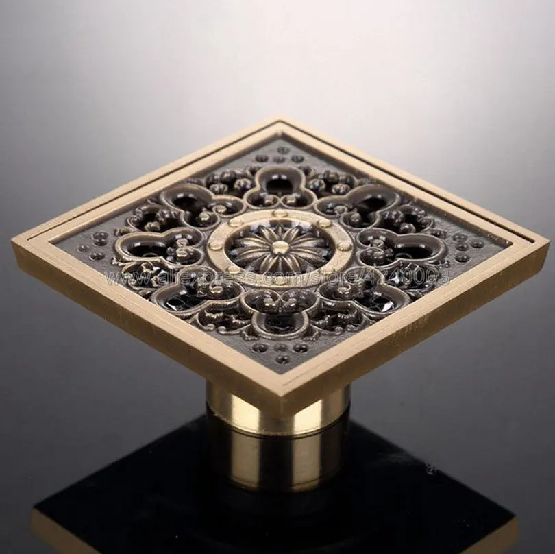 

10 cm Square Antique Brass Shower Drain Hair Strainer Art Carved Bathroom Accessories Waste Grate Floor Drain Cover Khr031