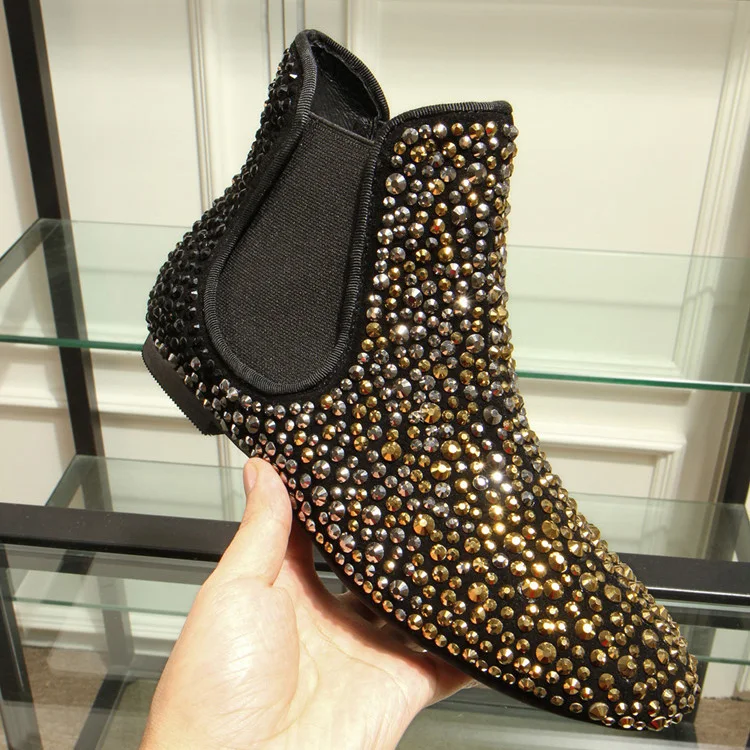 

zapatos de mujer 2018 Shoes Woman Leather Ankle Low Heels Boots Crystal Rivet Flats Boots Woman botas mujer bota feminina Real