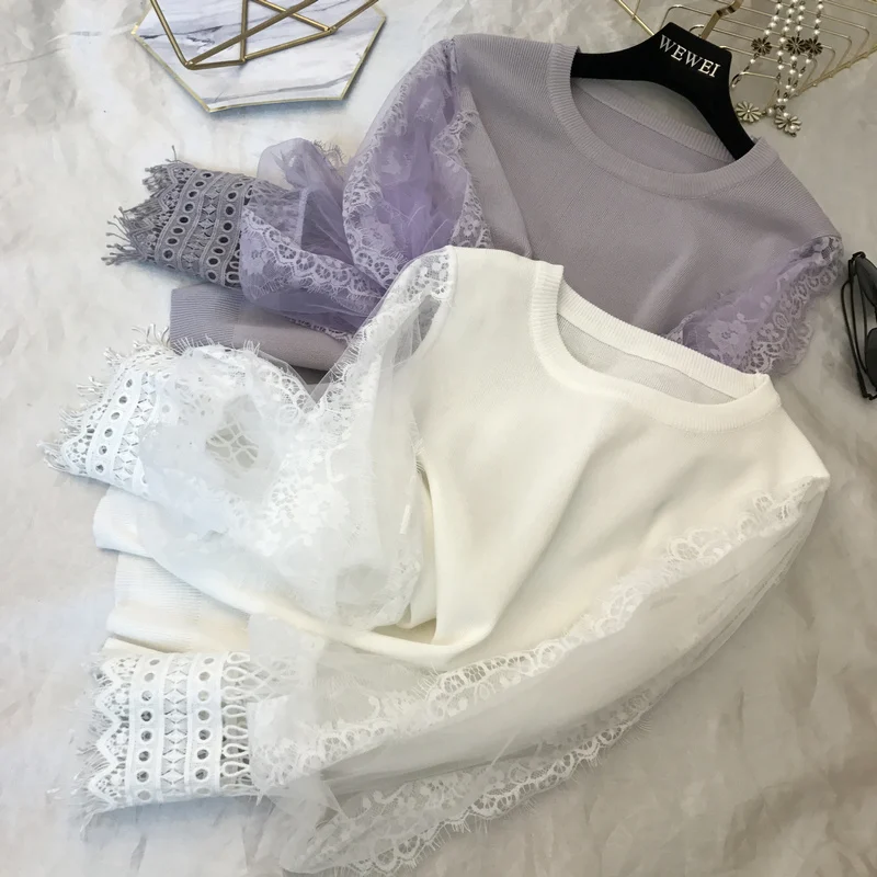 Pantalon harajuku свитер с кружевными рукавами для женщин круглый вырез длинный рукав