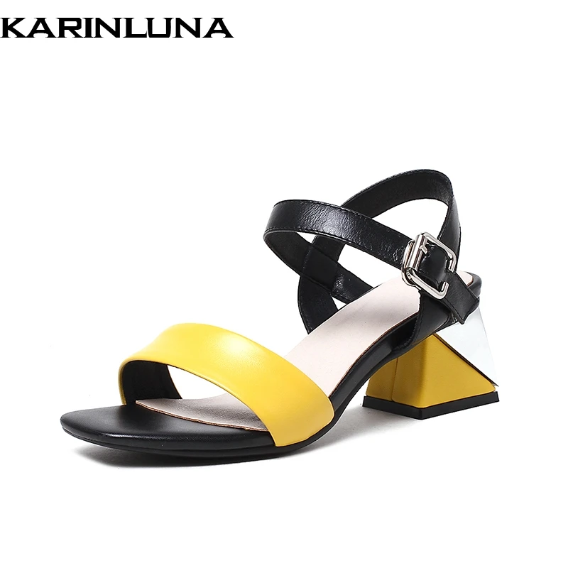 

KarinLuna Cow Genuine Leather Buckle Strap Hoof High Heels Shoes Woman Mix Color Soft Summer Sandals
