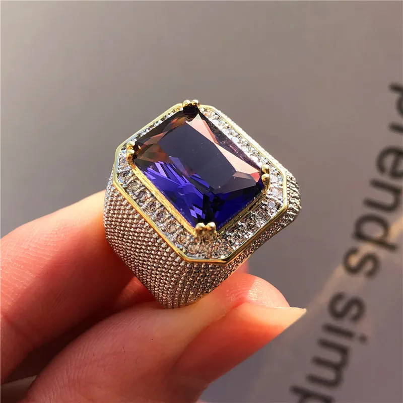 Великолепное большое мужское фиолетовое геометрическое кольцо с кристаллами, белым циркониевым камнем, обручальное кольцо, 18 К, Золотые Большие обручальные кольца для мужчин