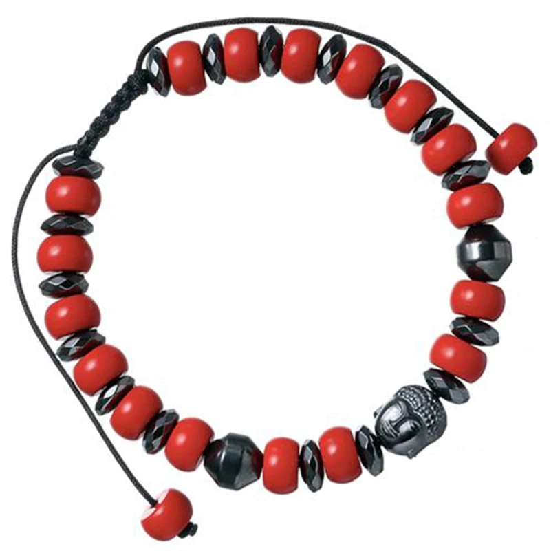 

Natural Black Hematite Healing Stone Bead Flat Chunky Red Coral Beaded Buddha Charm Adjustable Macrame Energy Bracelet Man Women