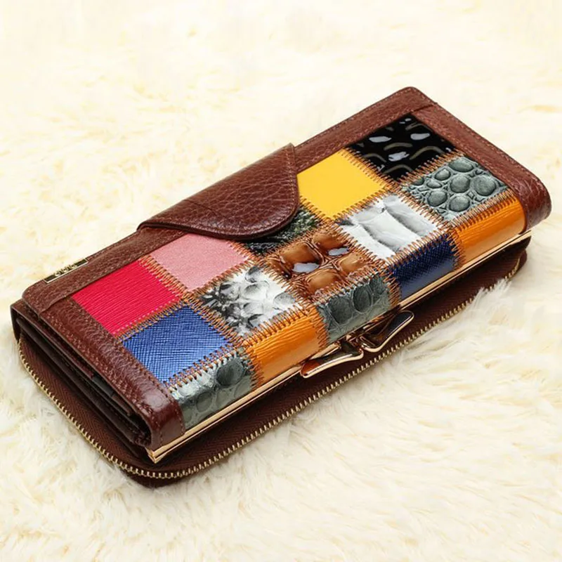 

Cowhide Genuine Leather Wallets Punk Style Patchwork Women's Clutch Bag Multifunction Leisure Lady Wallet Plaid Coin Purse Bags