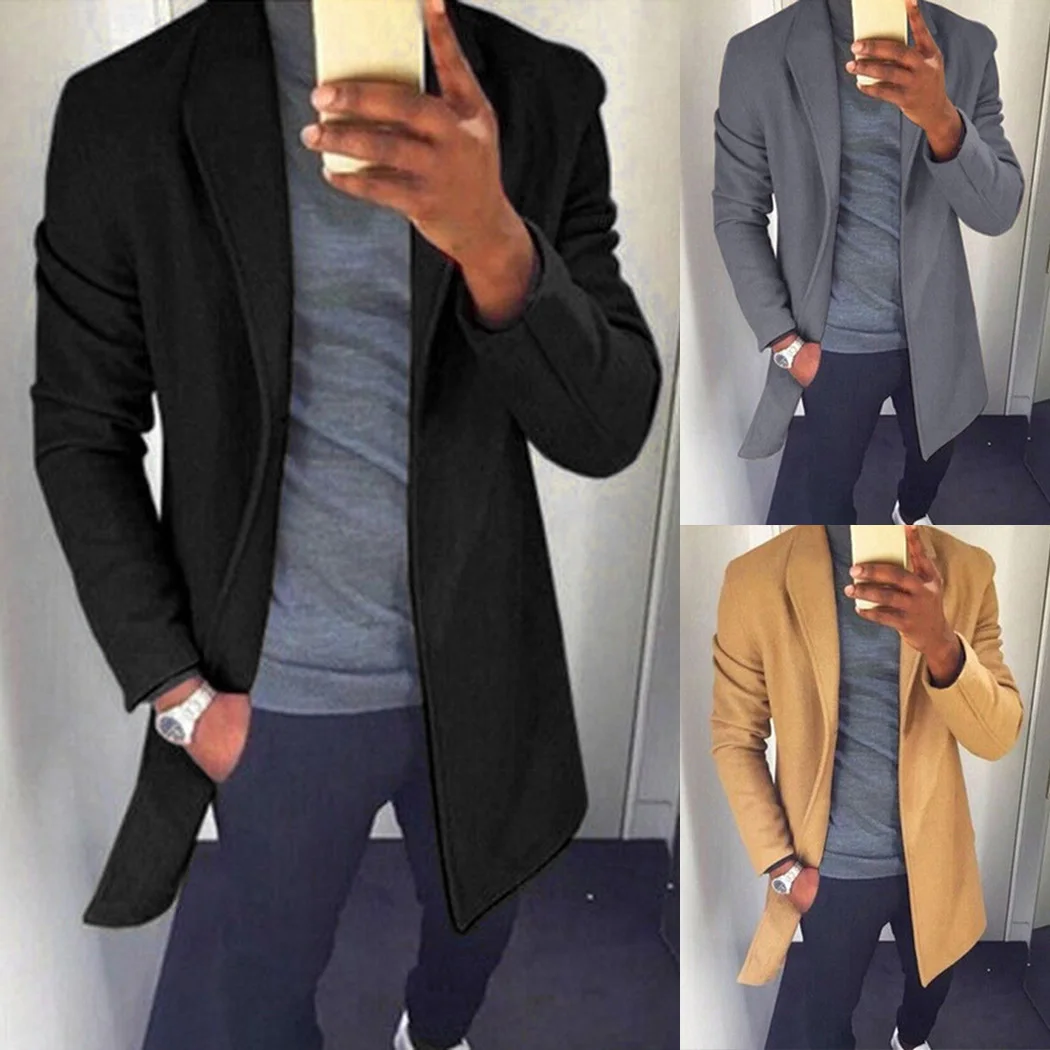 Модное осенне зимнее длинное пальто для мужчин однотонное теплое Мужская