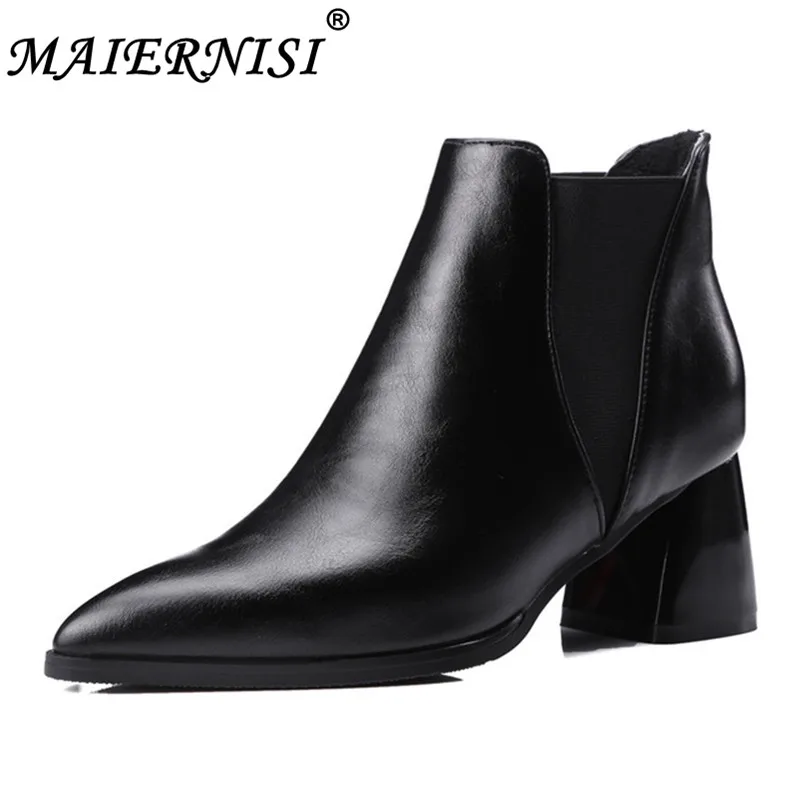 

2019 Plus Size 43 Women 6cm High Heels Chelsea Ankle Boots Winter Thick Heels Bootee Boots Lady Slip On Pointed Toe Dress Shoes