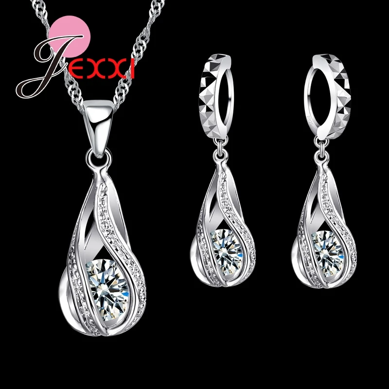 

JEXXI New Brand 925 Sterling Silver Classic Drop Shape Crystal Jewelry Sets Water Wave Necklace Pendant Hoop Earrings For Woman