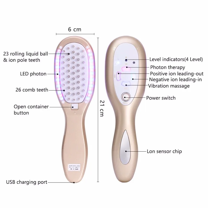 Электрический вибрирующий ионный светодиодный фотонный шариковый массажер для стимуляции волосяного фолликула Массажер для восстановления волос Расческа для лечения выпадения волос
