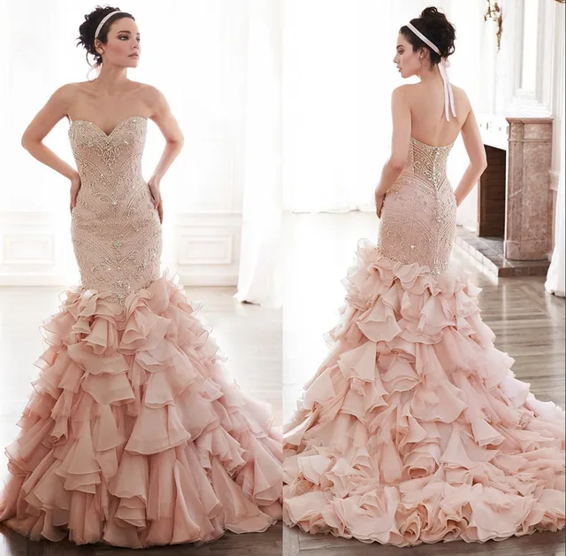 Ksd712 Fully Beaded Sweetheart Bodice Corset Organza Ruffles Pink Ksd712 Fully Beaded Sweetheart Bodice Corset Organza Ruffles Pink Wedding Dress Mermaid 2017 New Bridal Dresses
