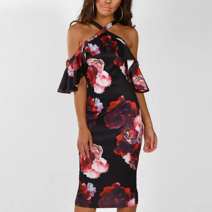 Для женщин платье с цветочным рисунком платье с открытыми плечами Bodycon обтягивающая платье Коктейльные Вечерние GDD99