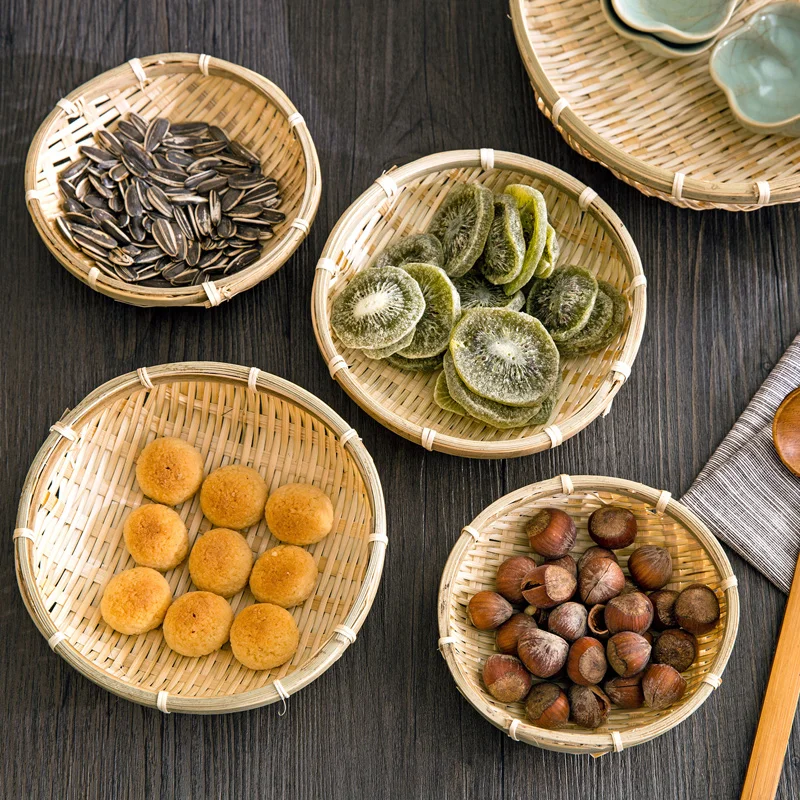 

Bamboo plate hand made bamboo weave groceries baskets circular receive case Fruit plate bowls tray drying dustpan cage organizer
