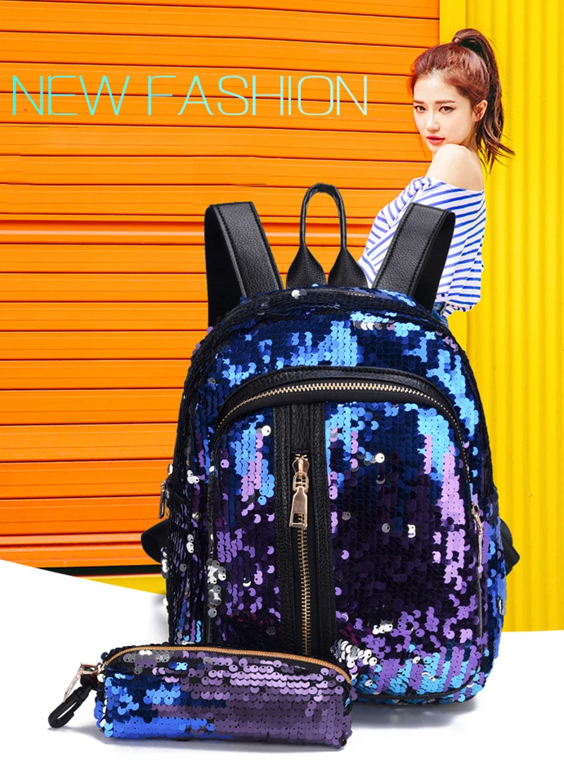 2pcs/set New Sequins Women Backpack for Teenage Girl Fashion Bling Rucksack Student School Bag with Pencil Case Clutch Mochilas