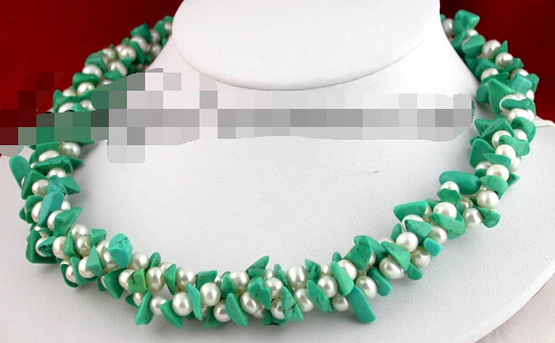 

Jew2670 3row white fw pearl turquoise detritus necklace